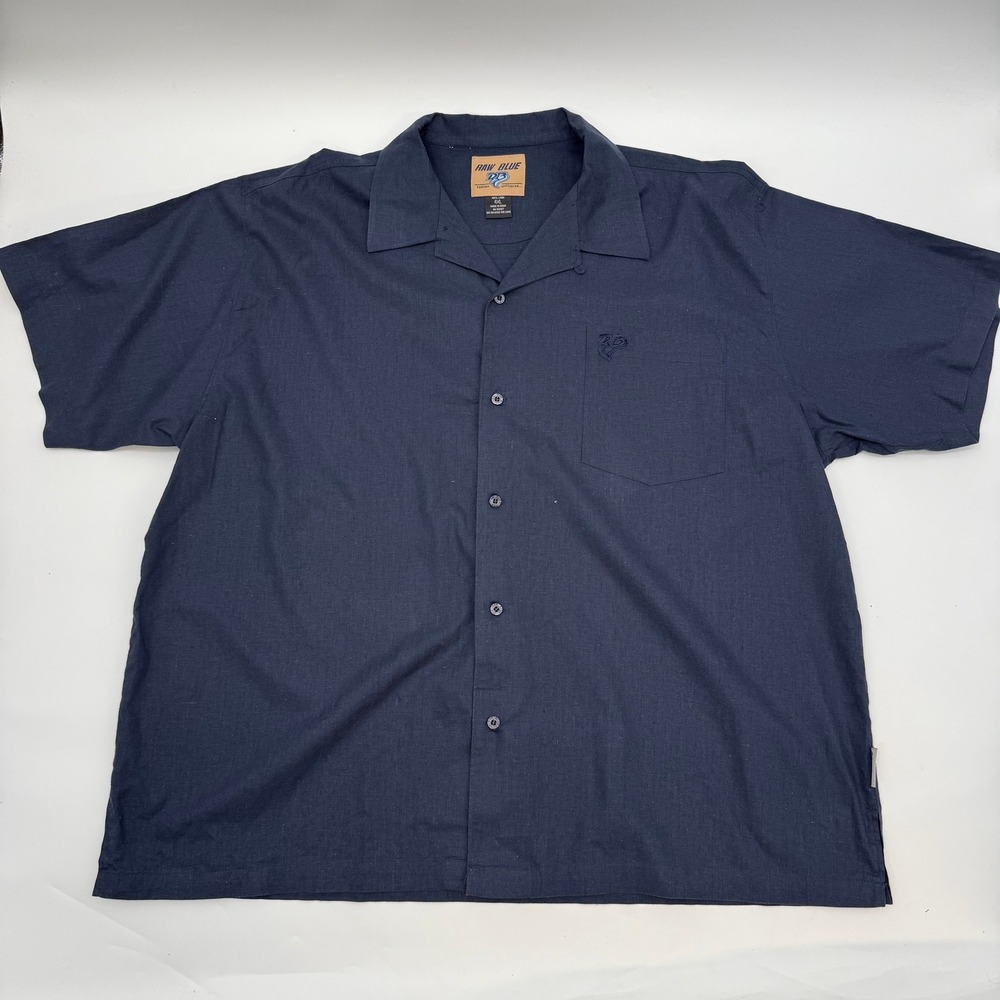 Raw Blue Mens Size 4XL Button Up Shirt Navy Blue Linen Short Sleeve Camp Collar